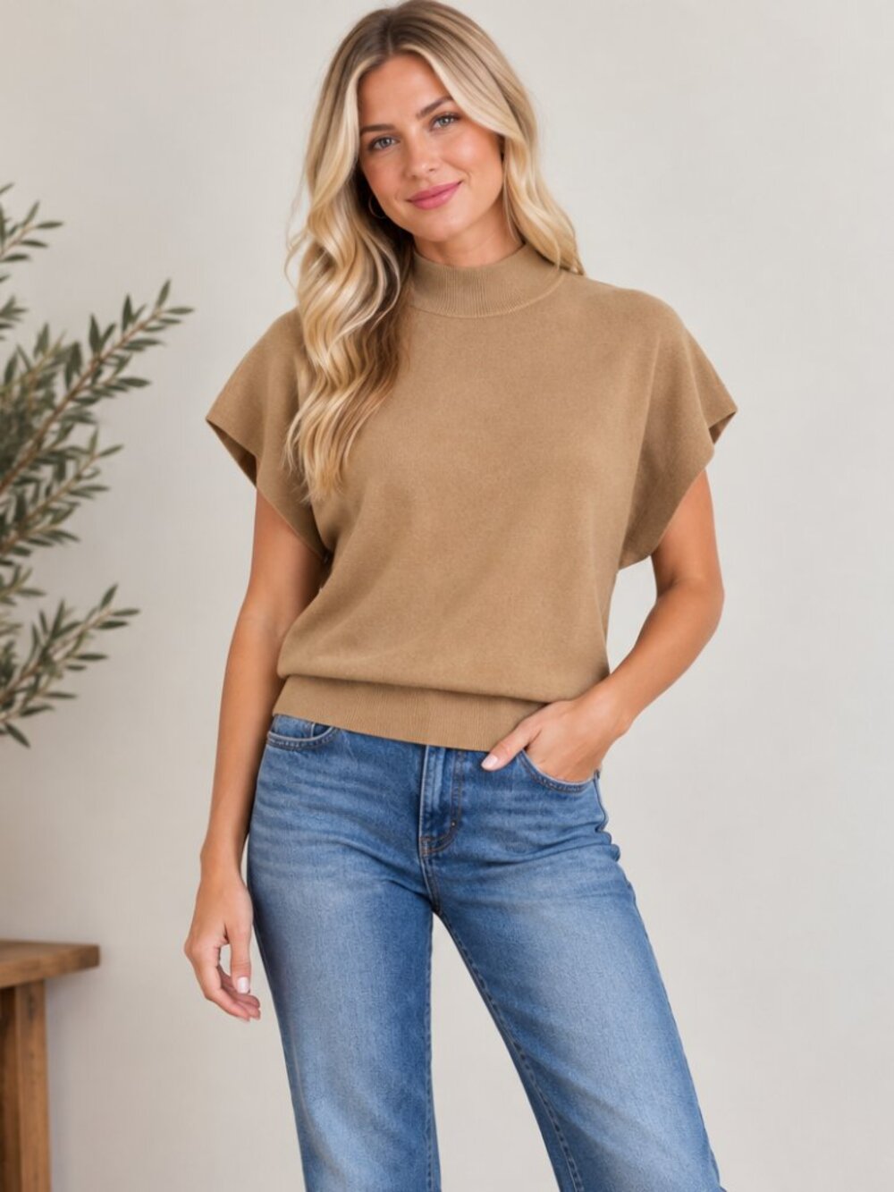 804. Women's Deep Camel Mock Neck Dolman Sleeve Sweater